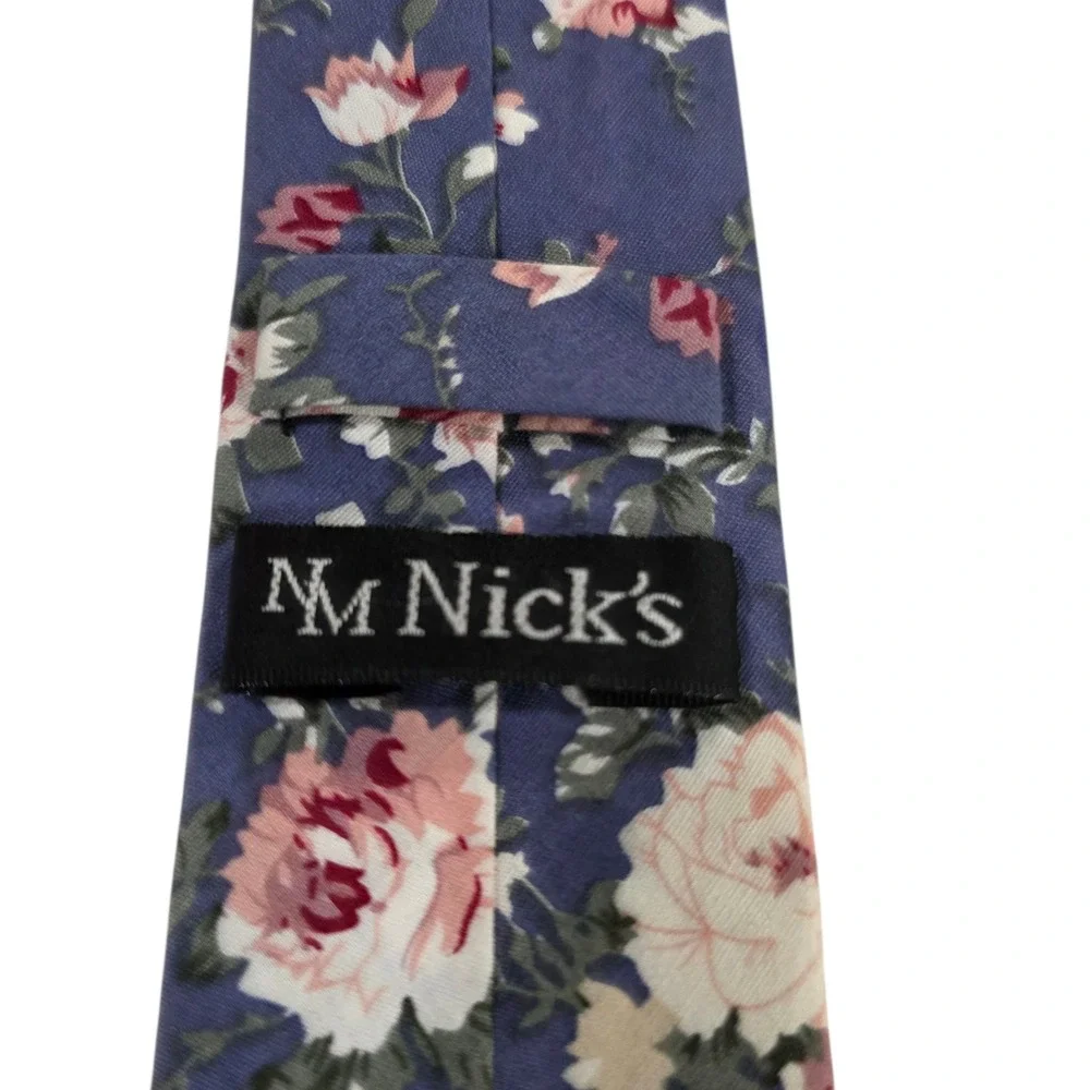NM Nicks Mens‎ Necktie Blue Cotton Skinny Floral Pattern Handmade Novelty Casual